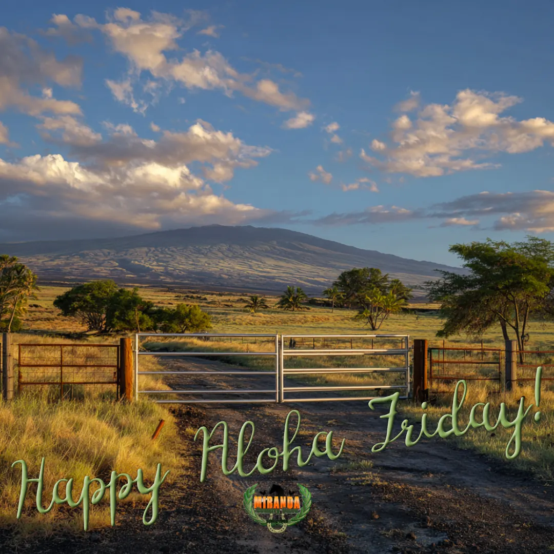 Photorealistic Big Island ranch with custom gate featuring plumeria cutouts, Mauna Kea in background