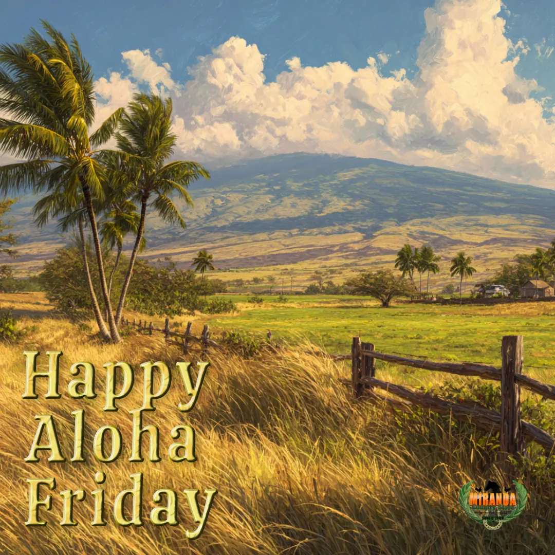 Big Island pasture with Mauna Kea, coconut palms, golden hour sunlight