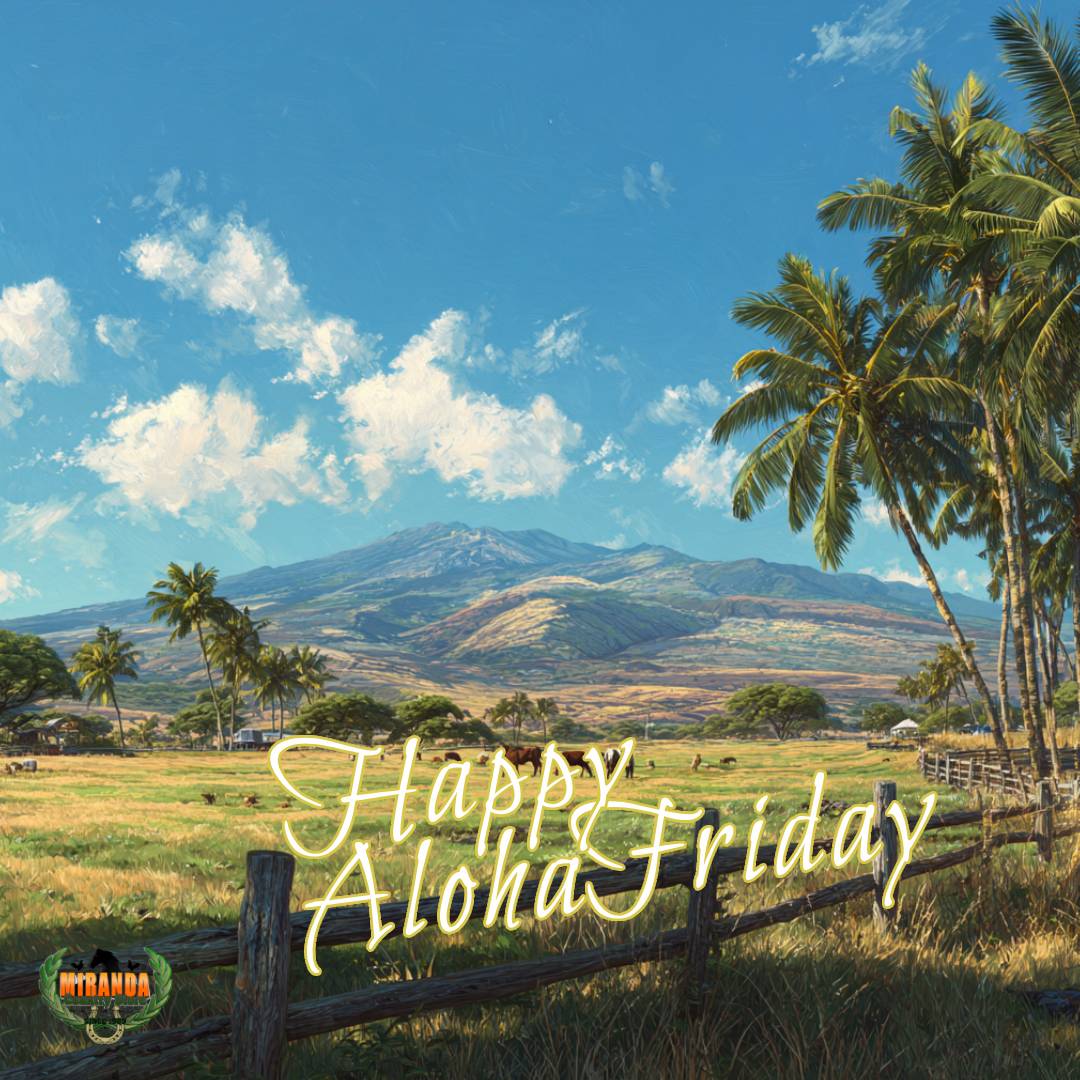 Photorealistic Hawaiian ranch landscape with livestock fencing, grazing animals, palm trees, and Mauna Kea