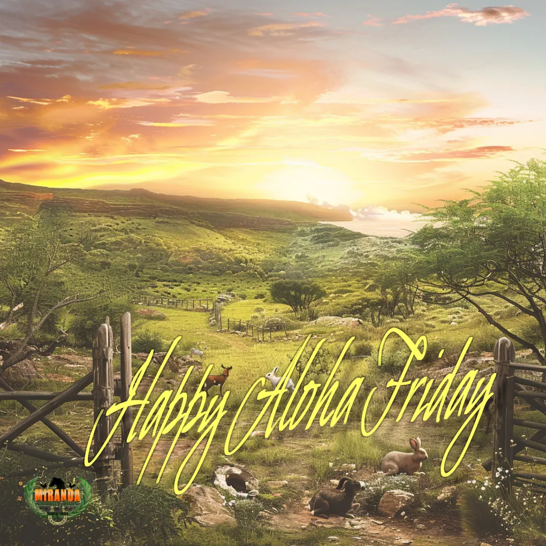 Hawaii Island ranch at sunrise with horses, bunny rabbits near fence, Easter theme