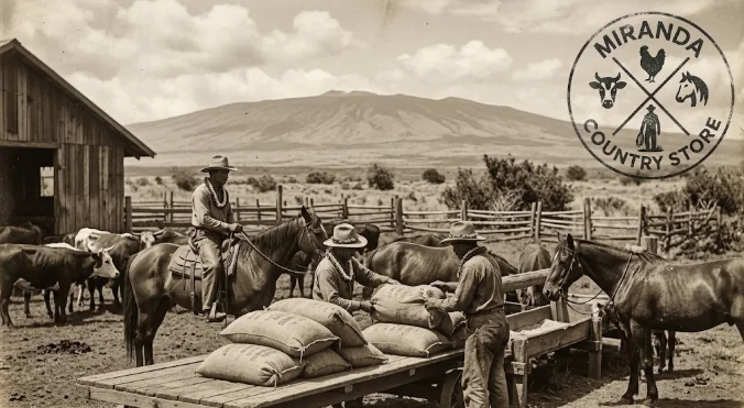 Old-time paniolo loading feed sacks onto a wagon at a ranch below Mauna Kea, with the Miranda Country Store logo