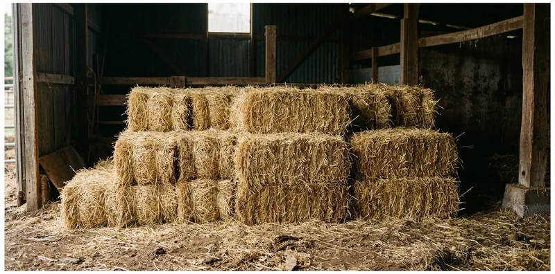 Stacked hay bales in a feed barn