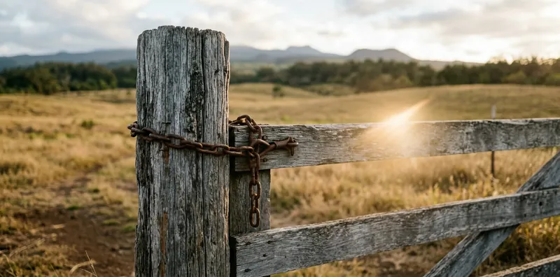 Weathered wooden ranch gate post with a rusty chain latch at sunset