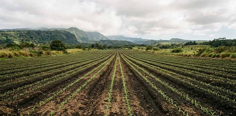 Rows of young crops in a cultivated field below green hills