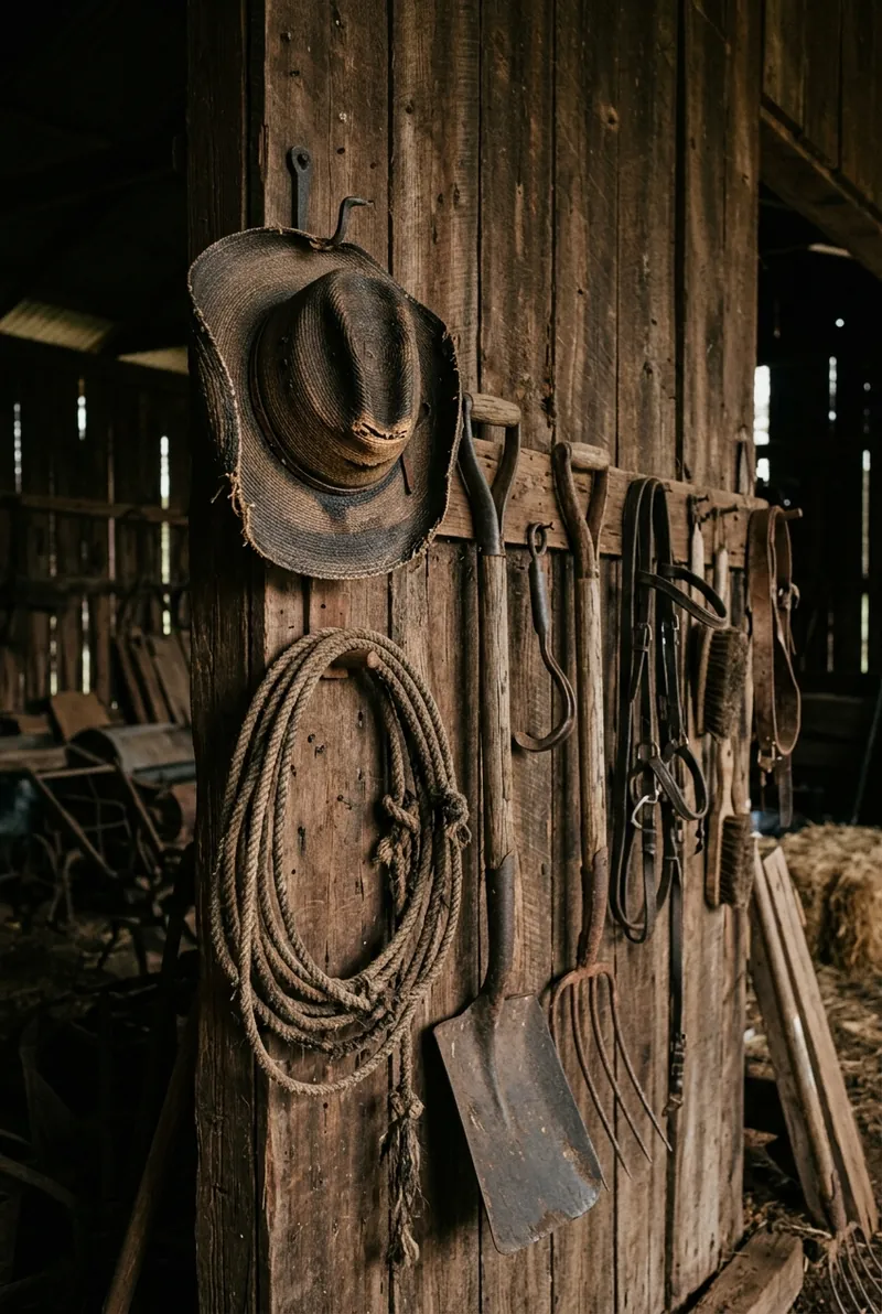 Rope, tools and a straw cowboy hat hanging in an old ranch barn
