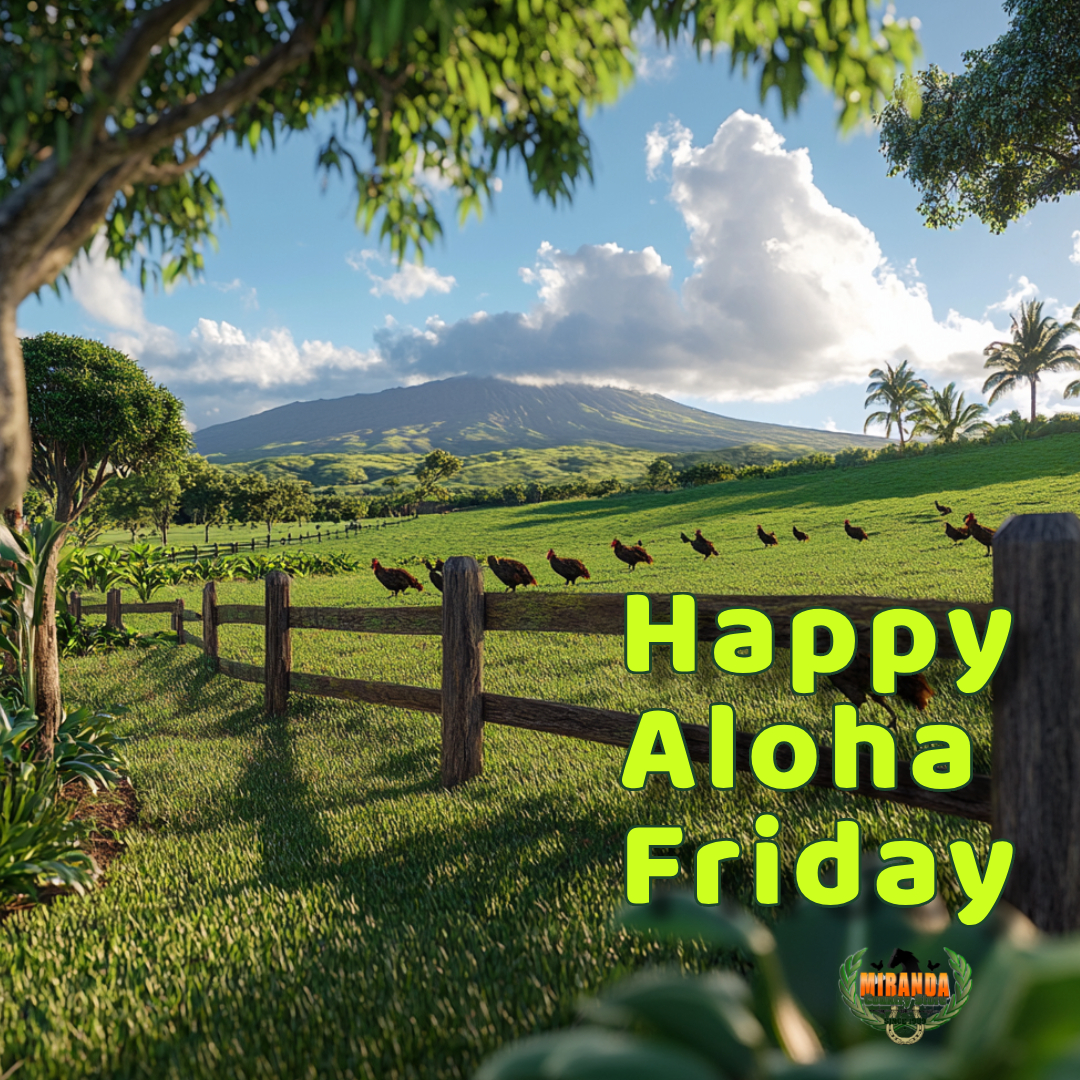 A lush tropical Hawaiian farm scene featuring Mauna Kea in the background, vibrant green grass, a rustic wooden ranch-style fence, and chickens grazing nearby. The sunny atmosphere evokes the welcoming spirit of Aloha Friday.