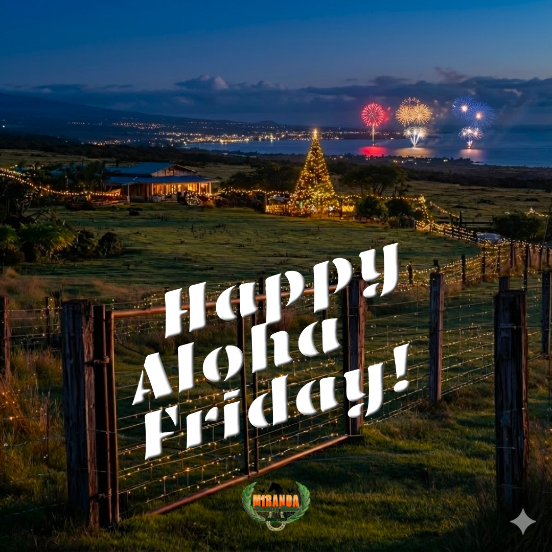 A festive nighttime landscape from behind a rustic metal fence with warm string lights. In the midground, a lit house and a large Christmas tree are decorated with more lights. Beyond, fireworks in red, gold, and blue explode over a distant coastal city and the ocean.