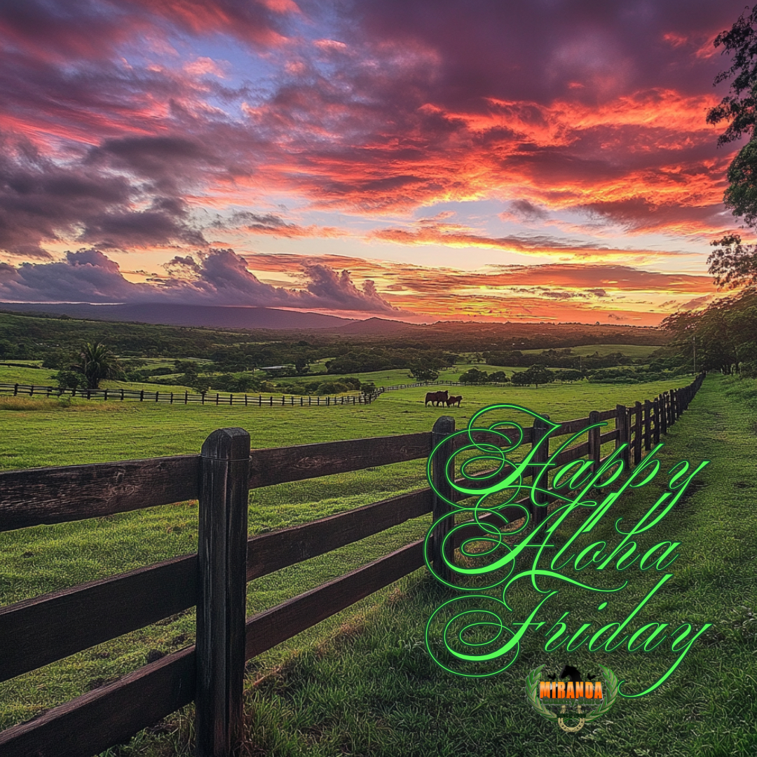 Lush green ranchlands in rural Hawaii with Mauna Kea in the background during sunset, perfect for a Happy Aloha Friday post.