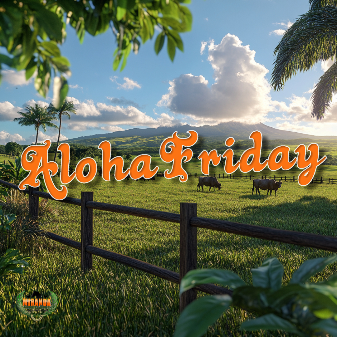 A sunny and vibrant tropical ranch scene in rural Hawaii, featuring lush green pastures with Mauna Kea in the background. High-quality fencing surrounds a small herd of grazing cattle in the foreground, complemented by tropical plants and scattered palm trees. The atmosphere is warm and inviting, perfect for capturing the spirit of Aloha Friday.