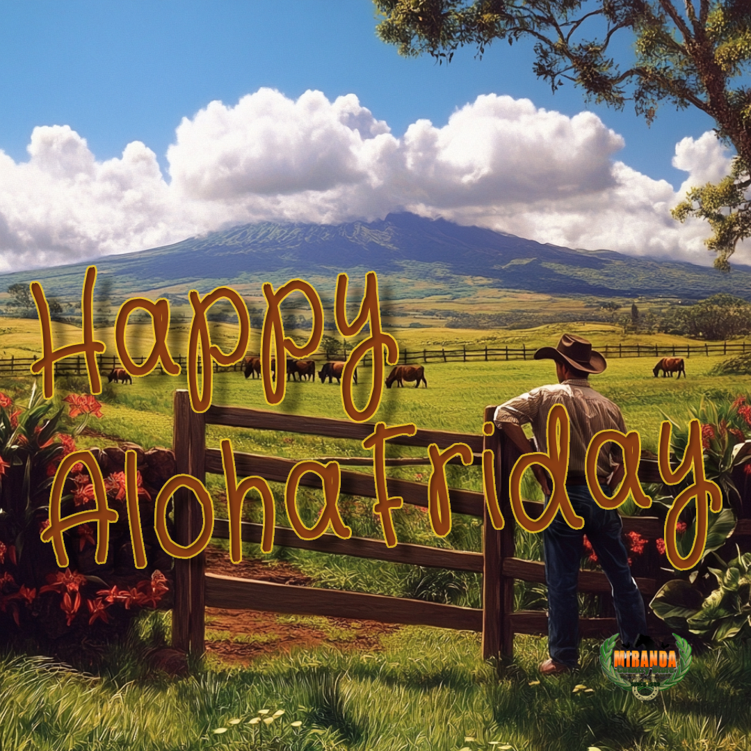 A sunny Hawaiian ranch scene with rolling green pastures, high-quality fencing, and grazing cattle. A Paniolo (Hawaiian cowboy) leans against a sturdy custom gate, with Mauna Kea towering in the background. The setting captures the relaxed and welcoming spirit of rural Hawaiʻi.