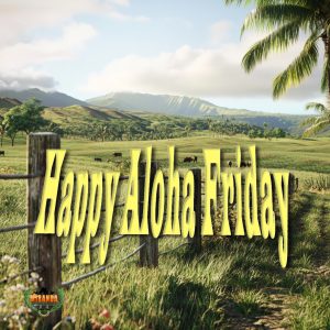 A realistic rural Hawaiian ranch scene on a bright Aloha Friday morning. Lush green pastures stretch toward the horizon with Mauna Kea in the background, partially covered in mist. A sturdy, well-maintained fence made of galvanized steel and weathered wood encloses grazing cattle. The sunlight casts soft shadows, highlighting the textures of the grass, fence, and animals. Palm trees and native plants frame the scene, and the sky is a mix of blue with wispy white clouds. The atmosphere is peaceful, capturing the essence of a working Hawaiian farm.