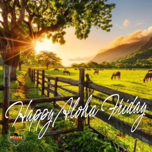A photorealistic scene of a Hawaiʻi Island farm at sunset, featuring a red barn and green pastures with grazing cattle and horses. A wooden sign reading "Miranda Country Store" sits among hay bales in the foreground, framed by tropical ti leaves and hibiscus. Mauna Kea looms faintly in the distance under a colorful sky, capturing the warm aloha spirit of a rural ranch.