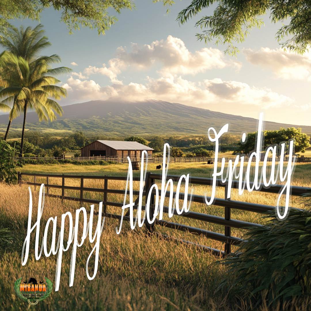 Photorealistic image of a rural Hawaiʻi ranch on a sunny Aloha Friday. Features high-quality steel fencing, a custom gate, grazing cattle, and tropical pasture with palm trees. Mauna Kea is visible in the background. A farmer is loading animal feed near a barn, capturing the laid-back, hardworking lifestyle supported by Miranda Country Store in Hilo.