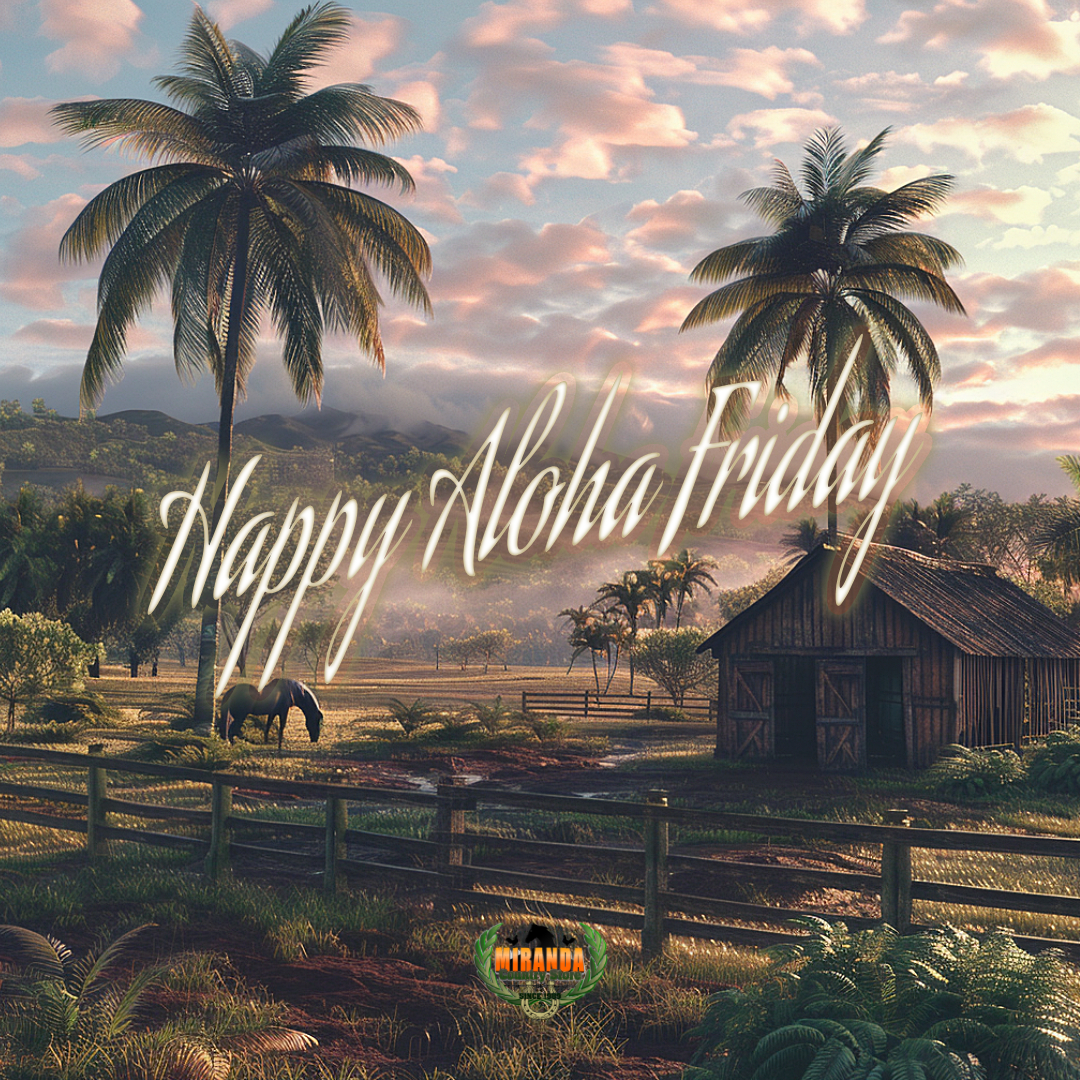 A photorealistic sunrise ranch scene on Hawaiʻi Island, featuring a small rustic barn and grazing horses in lush green pastures. A split-rail fence and tropical plants like ti leaves and ferns frame the serene, flat volcanic landscape under a soft pastel sky, capturing the humble aloha spirit of rural life.
