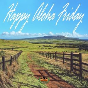 Photorealistic scene of rural Hawaiʻi on a sunny day, featuring a lush green pasture with grazing horses and cattle. A sturdy wire fence in the foreground, while Kohala Mountain rises in the distance under a bright blue sky. The landscape is peaceful and vibrant, capturing the essence of an Aloha Friday on the Big Island.