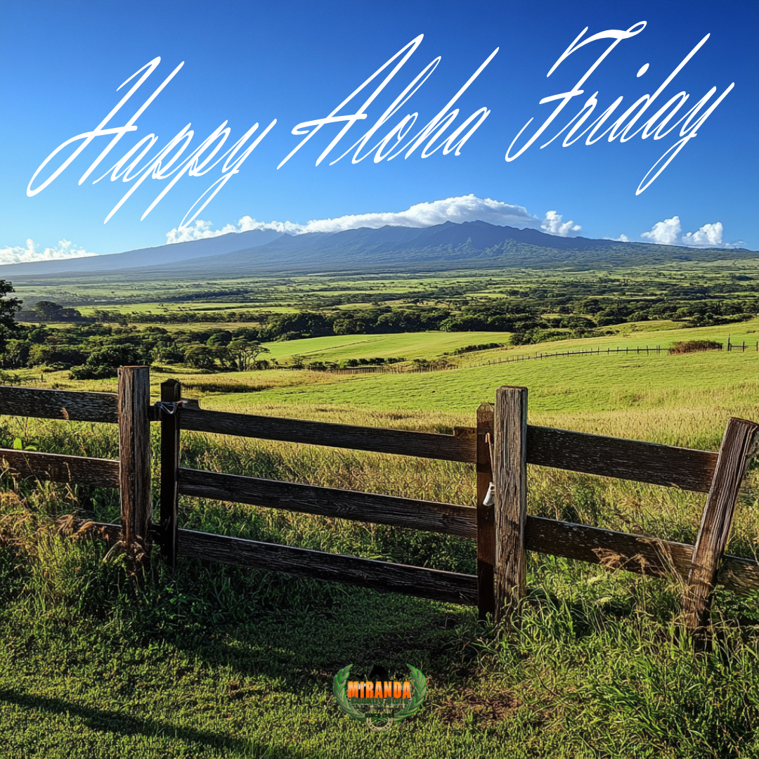 Photorealistic image of a Hawaiian ranch on a sunny Aloha Friday, featuring green fields, a sturdy cattle fence, grazing animals, and the Kohala Mountains in the background.
