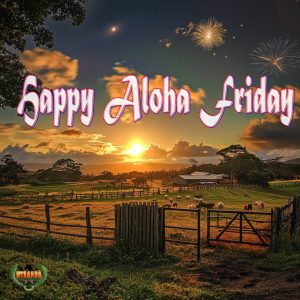 Photorealistic image of a lush pasture near Keaau with Kealakekua Bay in the background. Foreground is durable ranch fencing, a steel gate, grazing livestock, tropical trees, and Mauna Kea under an orange sunset with fireworks.