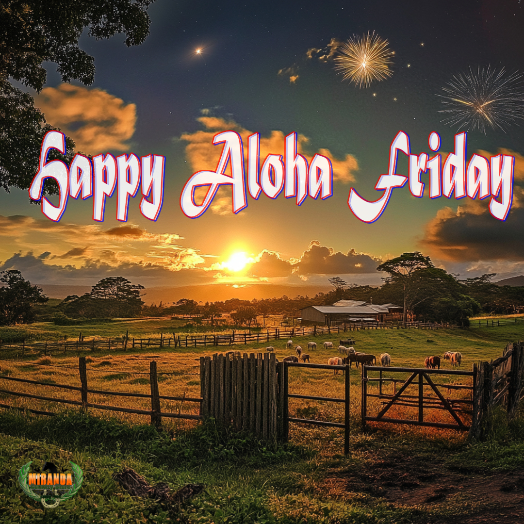 Photorealistic image of a lush pasture near Keaau with Kealakekua Bay in the background. Foreground is durable ranch fencing, a steel gate, grazing livestock, tropical trees, and Mauna Kea under an orange sunset with fireworks.