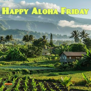 A scenic view of a lush tropical farm with mountains in the background, representing the rural charm of Honokaa.