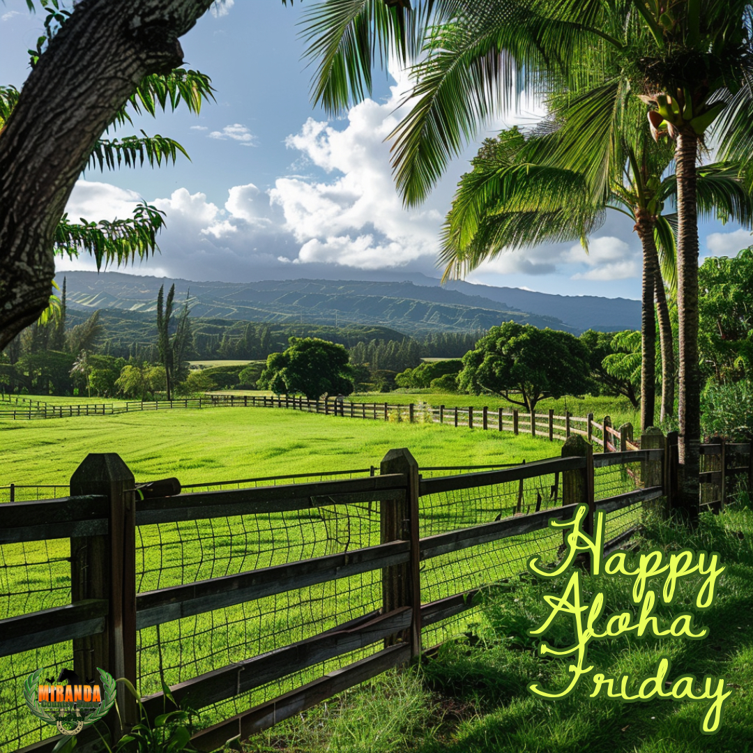Lush tropical farmland in rural Hawaii featuring a well-maintained ranch-style wooden fence.