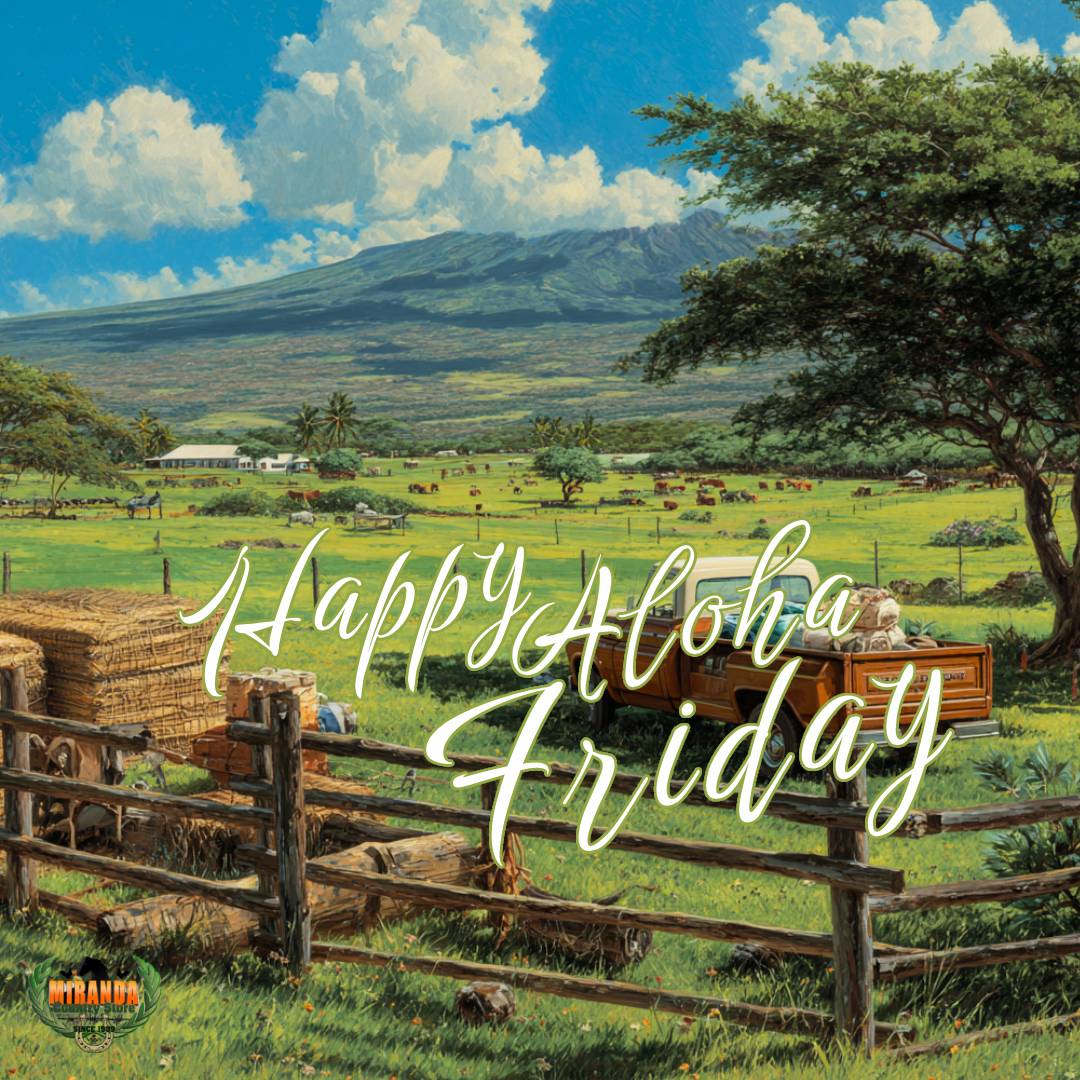 Hawaiian ranch scene with pickup truck, fencing supplies, and feed bags, set against tropical pastures and Mauna Loa under a blue sky.