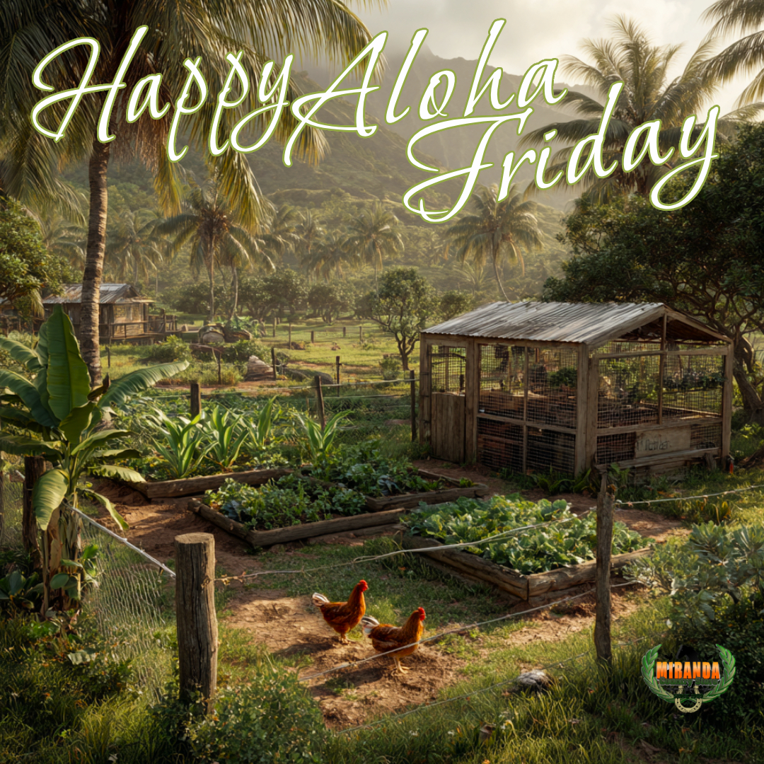 Tropical backyard farm in Hawaiʻi with chickens, garden, and fencing, surrounded by palm trees and green Hāmākua Coast hills.