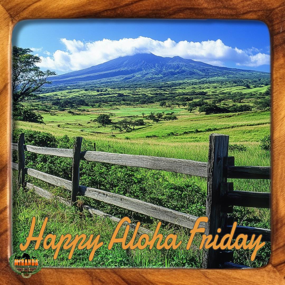 Photo of a lush Hawaiian ranch scene with a rustic wooden fence, vibrant green pastures, and tropical vegetation. The view of Mauna Kea rises majestically in the background, with clear blue skies above and soft, rolling hills leading up to the mountain. The wooden fence is sturdy and well-maintained, running along the edge of a field that stretches out towards the mountains. The atmosphere is sunny and peaceful, capturing the essence of rural Hawaiʻi