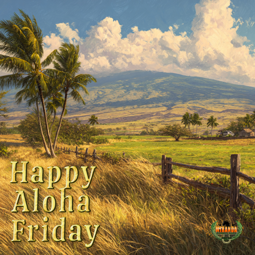 Photorealistic rural Big Island Hawaiʻi landscape on a sunny afternoon, showcasing Mauna Kea’s majesty in the background with gentle slopes under a clear blue sky and a pasture and swaying coconut palms bask in warm golden hour sunlight, casting soft shadows for an authentic Aloha Friday vibe.