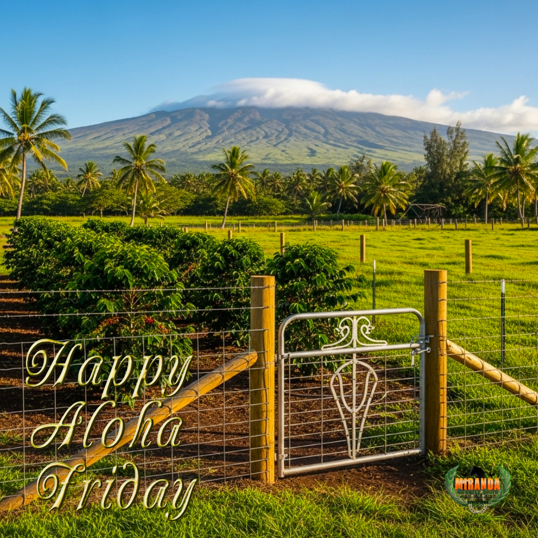 Photorealistic rural Big Island Hawaiʻi landscape on a sunny afternoon, showcasing Mauna Kea’s dormant shield volcano in the background with gentle slopes under a clear blue sky. The foreground features a small, well-tended coffee farm with rows of vibrant green coffee plants and ripe red cherries, a high-quality wire mesh fence with polished cedar posts, and a custom-crafted metal gate with intricate, functional design. Lush green pasture and swaying coconut palms bask in warm golden hour sunlight, casting soft shadows for an authentic Aloha Friday vibe.