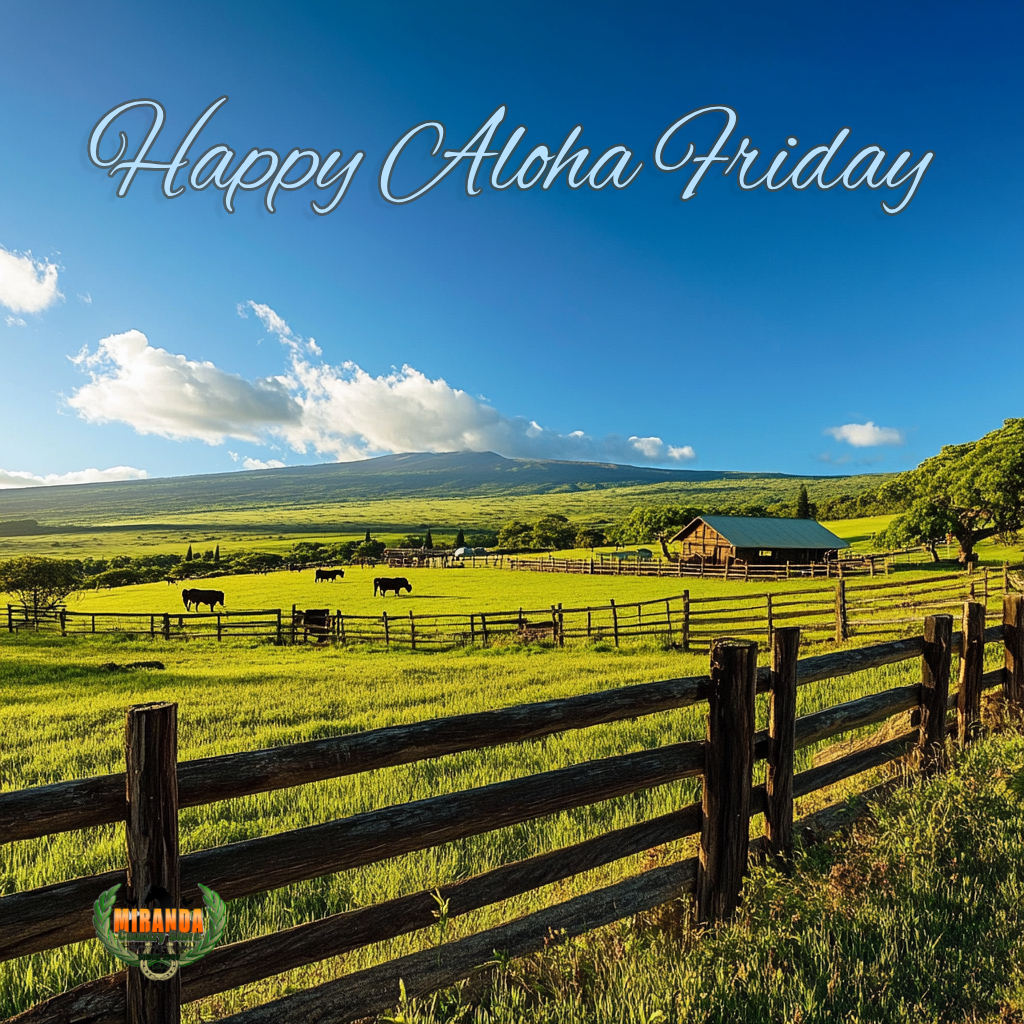 Rural farm scene on the Big Island of Hawaiʻi with lush green pastures, grazing cattle, Mauna Kea in the background, and a rustic wooden fence in the foreground, capturing the peaceful farm life for Aloha Friday.