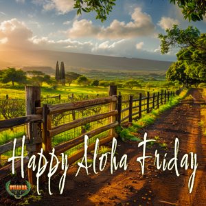 A scenic view of a rural Hawaiian landscape at golden hour. In the foreground, a rustic wooden farm gate with wire mesh is open, beside a split-rail fence that runs alongside a dirt path. Macadamia nuts are scattered on the red soil. Lush green fields and trees extend into the middle ground, with the majestic, misty slopes of Mauna Kea visible in the distant background under a cloudy sky.