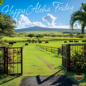 A sunny morning on a lush tropical farm in Hawaiʻi Island with a wide custom-built galvanized metal gate and straight fence. Green pastures, grazing animals in the distance, and Mauna Kea in the background, under a blue sky with soft clouds.