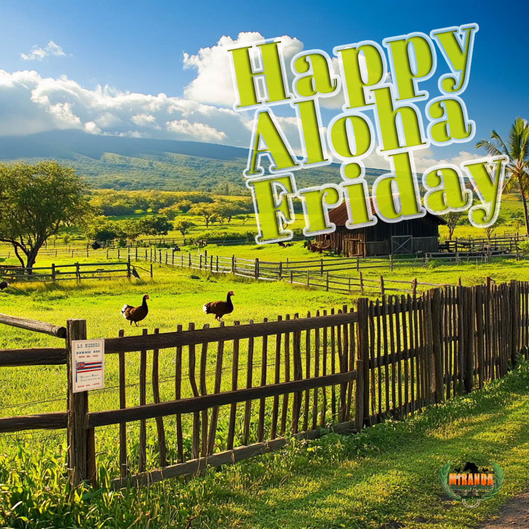 A photorealistic depiction of a tropical farm and ranch on the Big Island of Hawaiʻi, featuring lush greenery, Mauna Kea in the background, and a sturdy wooden fence suitable for horses. The scene includes a small barn, a farmer tending to livestock, and a free-roaming turkey near the barnyard. The setting captures a sunny, peaceful rural Hawaiian lifestyle.