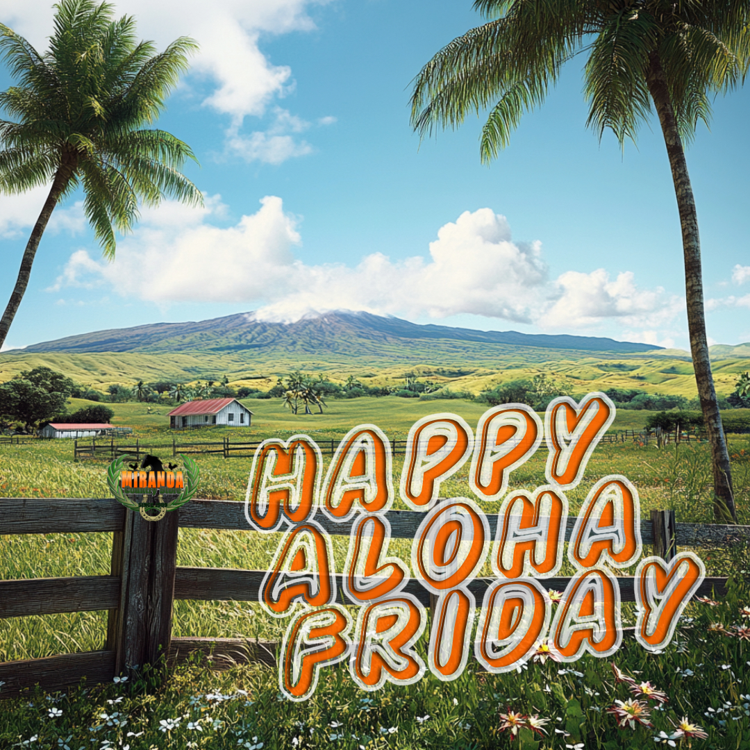 A scenic Hawaiian farm with vibrant green pastures and rustic wooden fencing, framed by Mauna Kea in the distance under a sunny sky, surrounded by tropical plants and wildflowers.