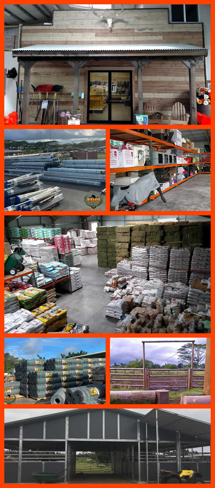 Photo of inside Miranda Country Store Warehouse and Retail space including photos of feed and farm supplies, ranch and animal feed, fencing posts, chain-link and gates.