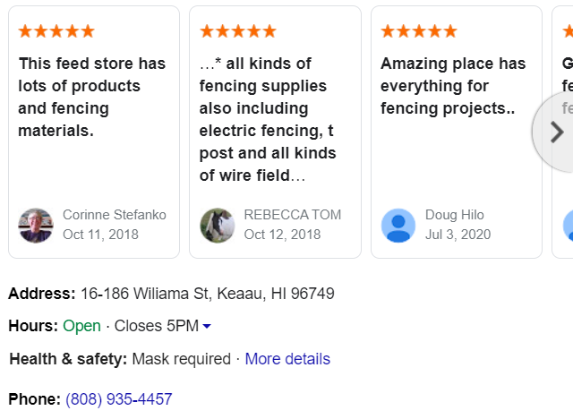 Google 5 star business reviews with store address, hours, phone (808-935-4457) and in-store health and safety information. Click for more Miranda Country Store reviews.