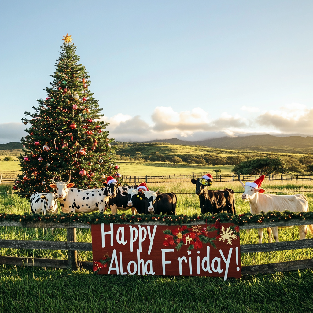 A rustic Hawaiian ranch scene with green pastures, wooden fencing, and Mauna Kea in the background. A cozy country store with tropical landscaping is nestled in the distance under a bright, sunny sky.